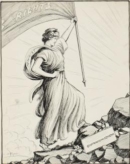 A hand-drawn political cartoon depicting a woman holding a flag that says "Rights" on top of a pile of rocks with a sign reading "enfranchisement"